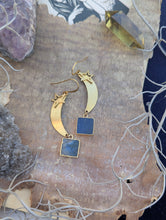 Load image into Gallery viewer, Brass Moon, Stars, and Labradorite Squares Earrings