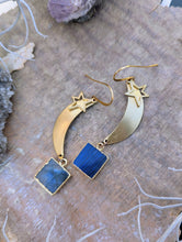 Load image into Gallery viewer, Brass Moon, Stars, and Labradorite Squares Earrings