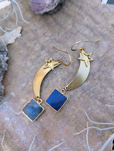 Brass Moon, Stars, and Labradorite Squares Earrings