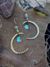 Load image into Gallery viewer, Goldtone Hammered Moon Earrings with Aura Crystals