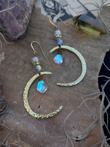 Goldtone Hammered Moon Earrings with Aura Crystals