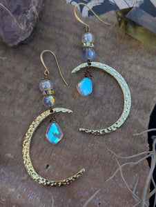 Goldtone Hammered Moon Earrings with Aura Crystals