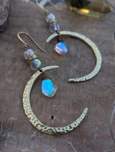 Load image into Gallery viewer, Goldtone Hammered Moon Earrings with Aura Crystals