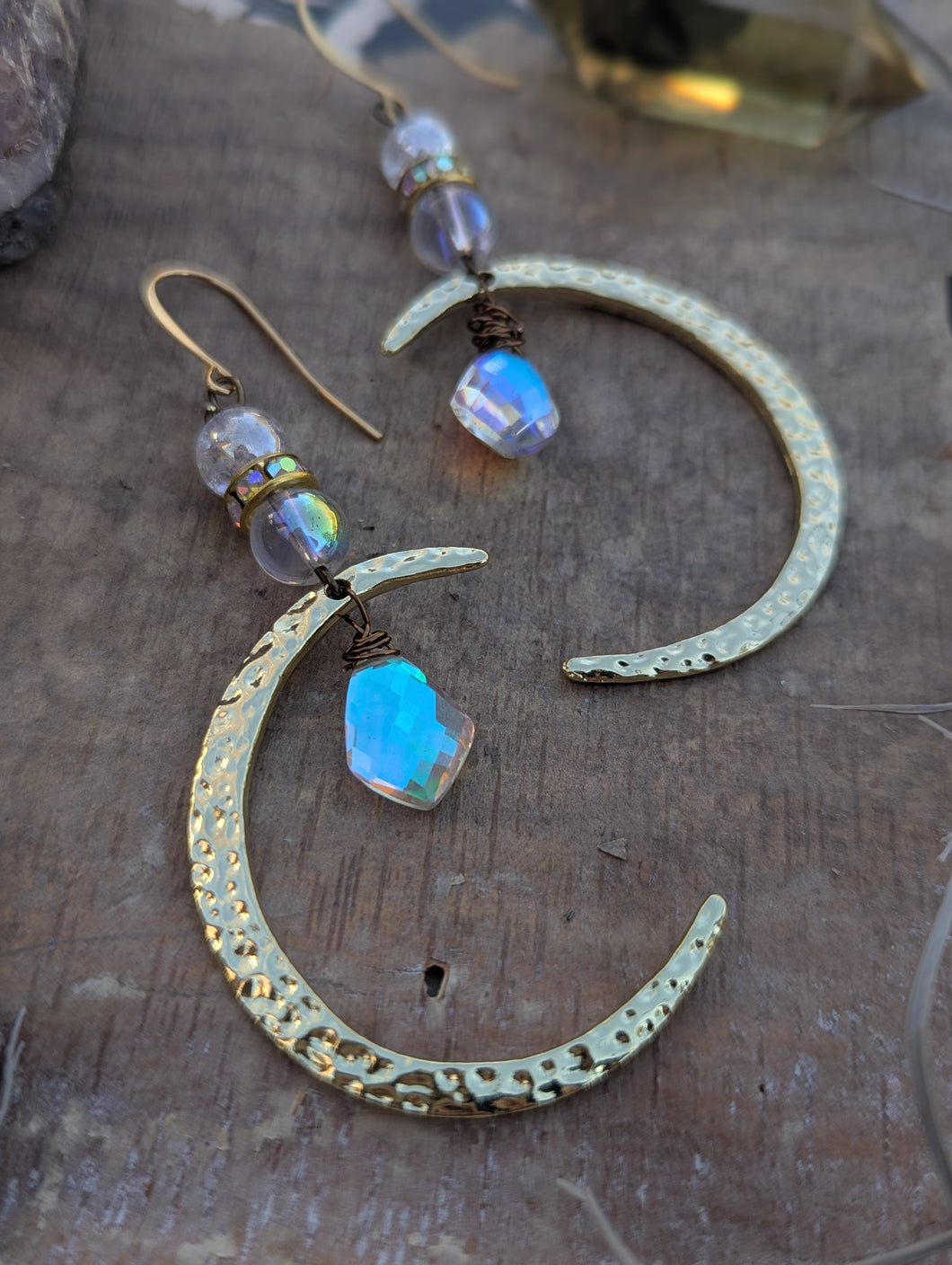 Goldtone Hammered Moon Earrings with Aura Crystals