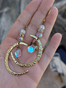 Goldtone Hammered Moon Earrings with Aura Crystals