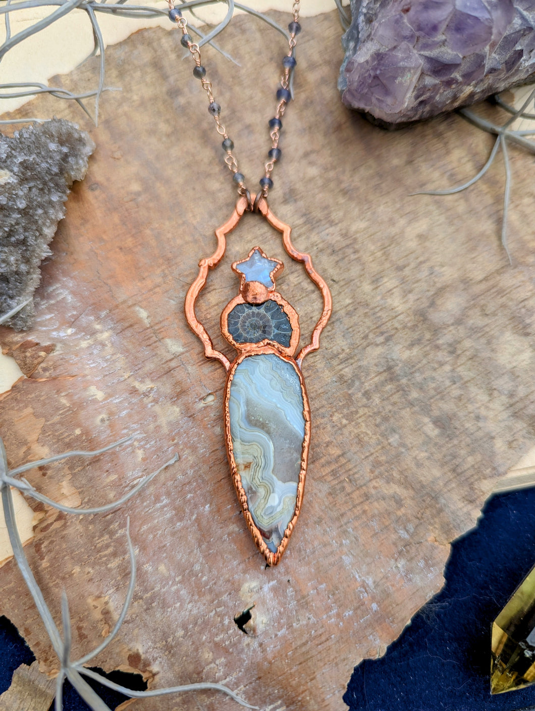 Copper Electroformed Lace Agate Ammonite Necklace