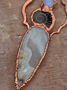 Copper Electroformed Lace Agate Ammonite Necklace