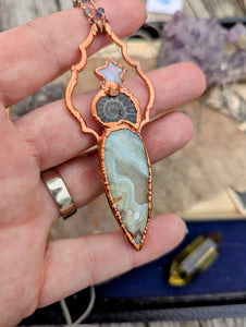 Copper Electroformed Lace Agate Ammonite Necklace