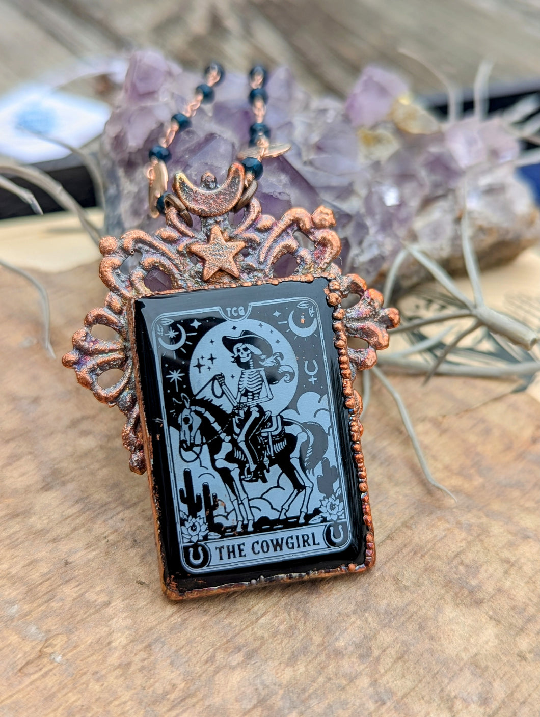 Copper Electroformed Etched Onyx Cowgirl Skeleton Necklace