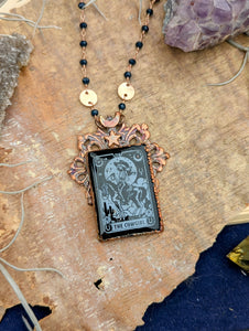Copper Electroformed Etched Onyx Cowgirl Skeleton Necklace