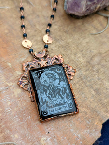 Copper Electroformed Etched Onyx Cowgirl Skeleton Necklace