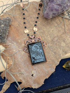 Copper Electroformed Etched Onyx Cowgirl Skeleton Necklace