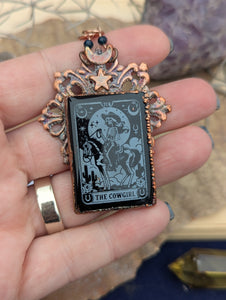 Copper Electroformed Etched Onyx Cowgirl Skeleton Necklace