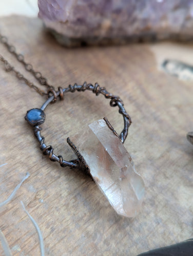 Copper Electroformed Quartz Point with Blue Kyanite Necklace