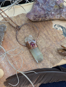Copper Electroformed Garden Quartz Point with Garnet Necklace
