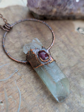 Load image into Gallery viewer, Copper Electroformed Garden Quartz Point with Garnet Necklace