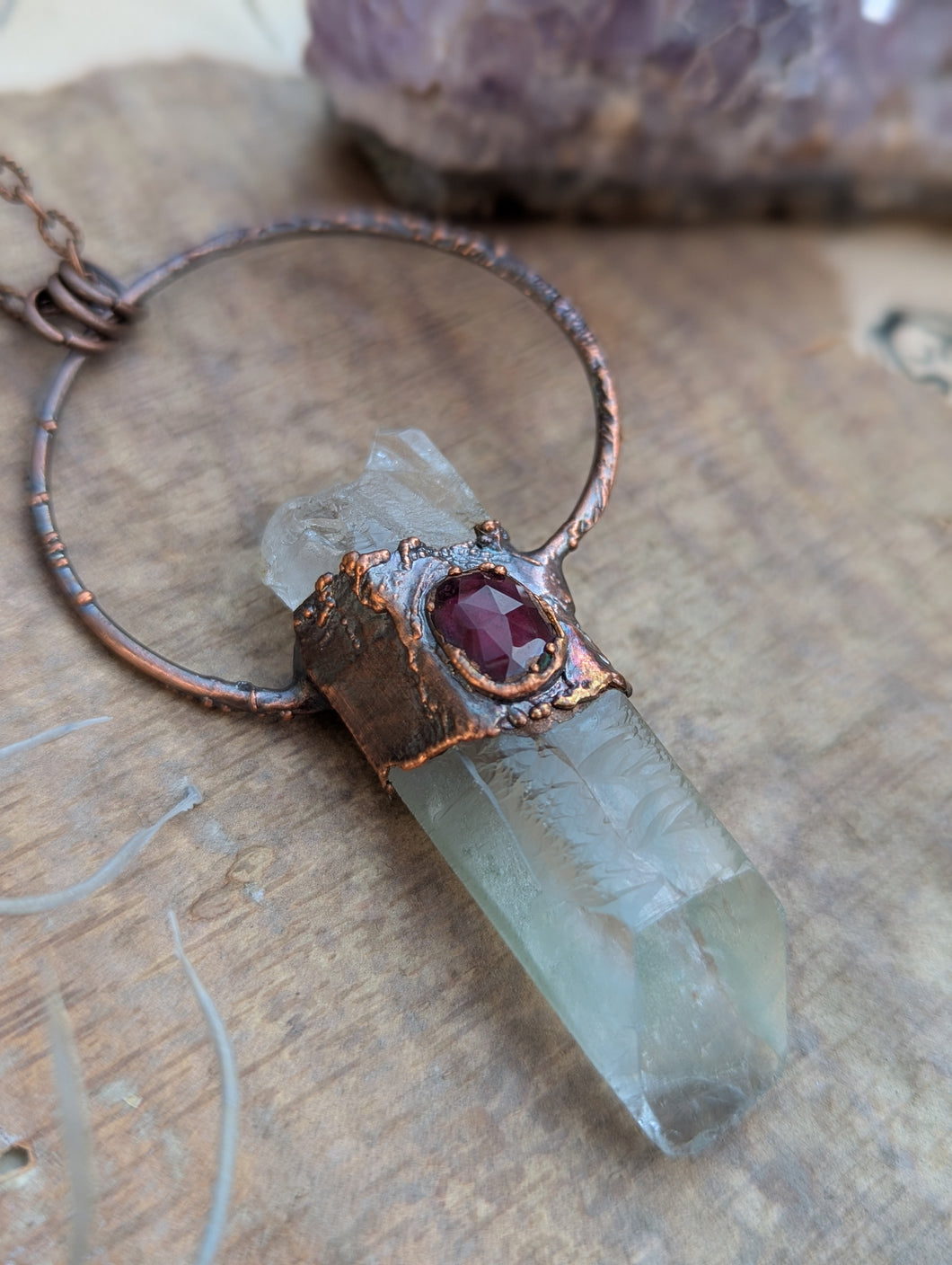 Copper Electroformed Garden Quartz Point with Garnet Necklace