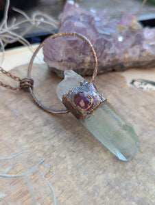 Copper Electroformed Garden Quartz Point with Garnet Necklace