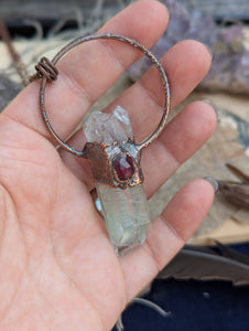 Copper Electroformed Garden Quartz Point with Garnet Necklace