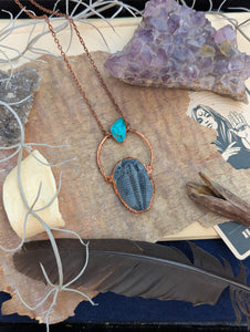 Copper Electroformed Trilobite and Turquoise Necklace