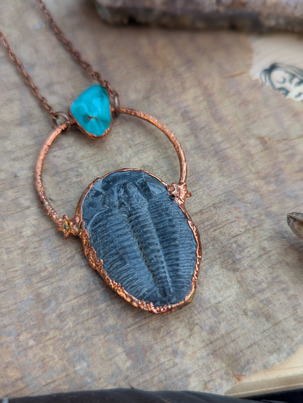 Copper Electroformed Trilobite and Turquoise Necklace
