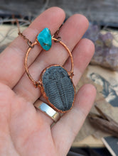 Load image into Gallery viewer, Copper Electroformed Trilobite and Turquoise Necklace