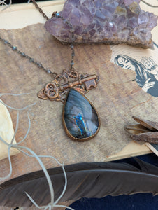 Copper Electroformed Labradorite and Key Necklace