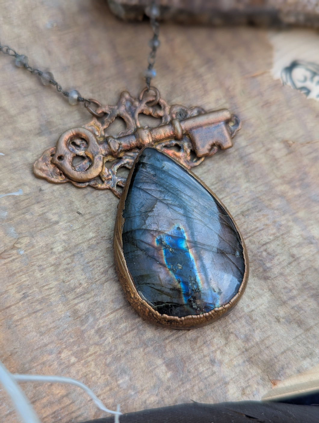 Copper Electroformed Labradorite and Key Necklace