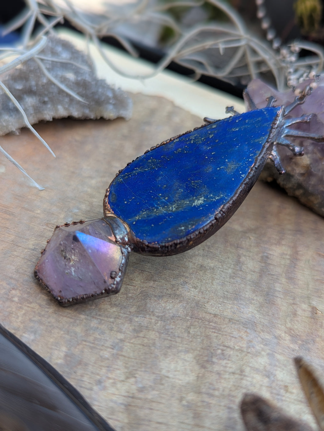 Copper Electroformed Lapis and Aura-Amethyst Necklace