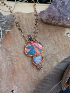 Copper Electroformed Spiny Oyster, Ruby, Labradorite Necklace