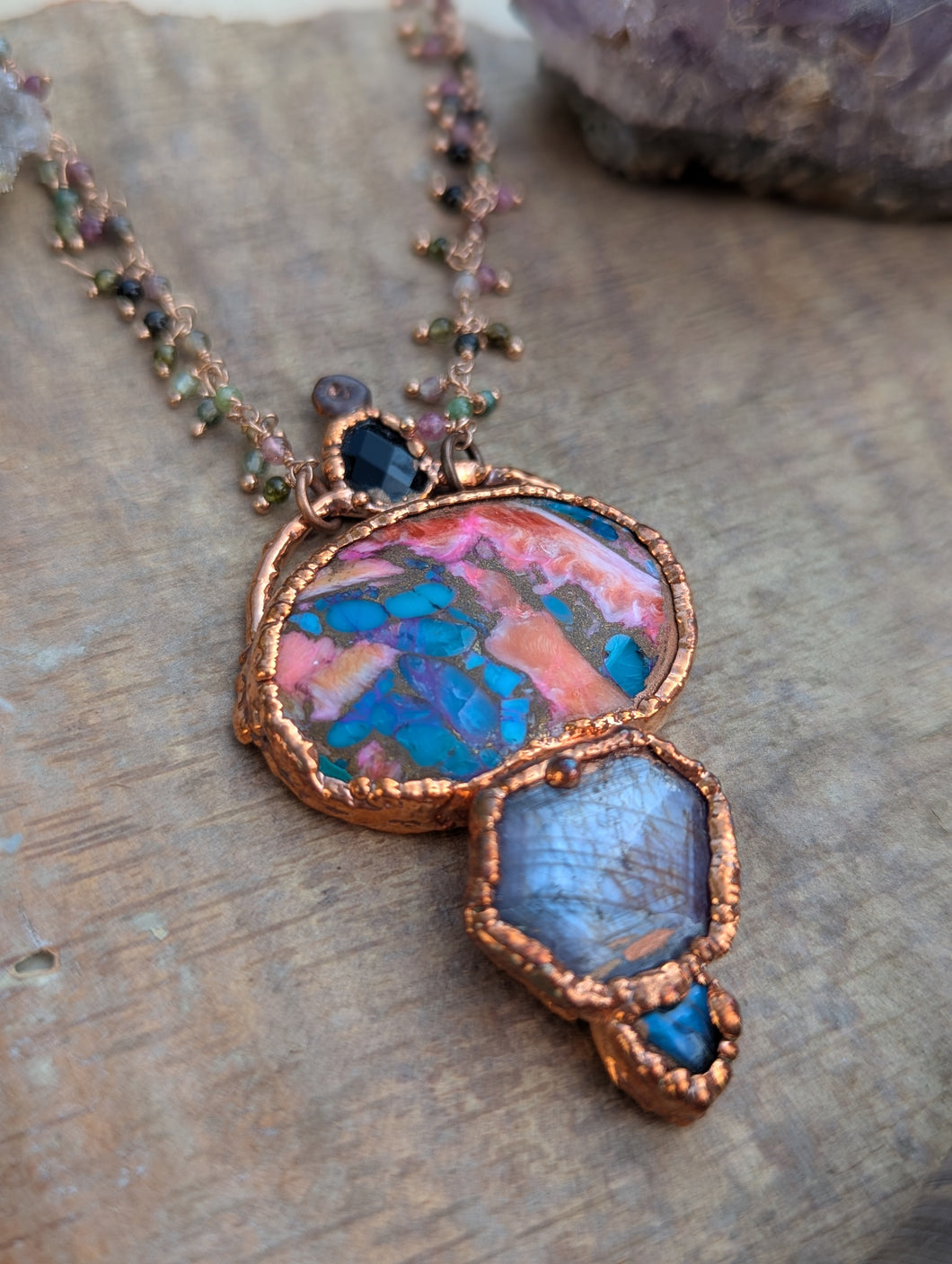 Copper Electroformed Spiny Oyster, Ruby, Labradorite Necklace