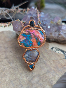 Copper Electroformed Spiny Oyster, Ruby, Labradorite Necklace