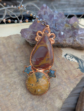Load image into Gallery viewer, Copper Electroformed Noreena Jasper and Fossil Sea Urchin Necklace