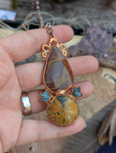 Load image into Gallery viewer, Copper Electroformed Noreena Jasper and Fossil Sea Urchin Necklace