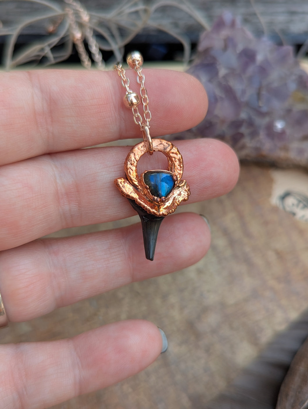Copper Electroformed Shark Tooth with Labradorite Necklace