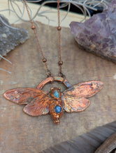 Load image into Gallery viewer, Copper Electroformed Cicada with Opal and Blue Kyanite Necklace
