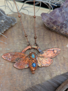 Copper Electroformed Cicada with Opal and Blue Kyanite Necklace