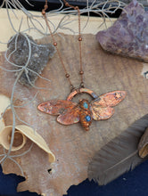 Load image into Gallery viewer, Copper Electroformed Cicada with Opal and Blue Kyanite Necklace