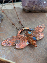 Load image into Gallery viewer, Copper Electroformed Cicada with Opal and Blue Kyanite Necklace