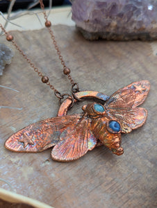 Copper Electroformed Cicada with Opal and Blue Kyanite Necklace