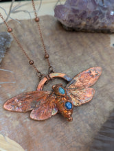 Load image into Gallery viewer, Copper Electroformed Cicada with Opal and Blue Kyanite Necklace