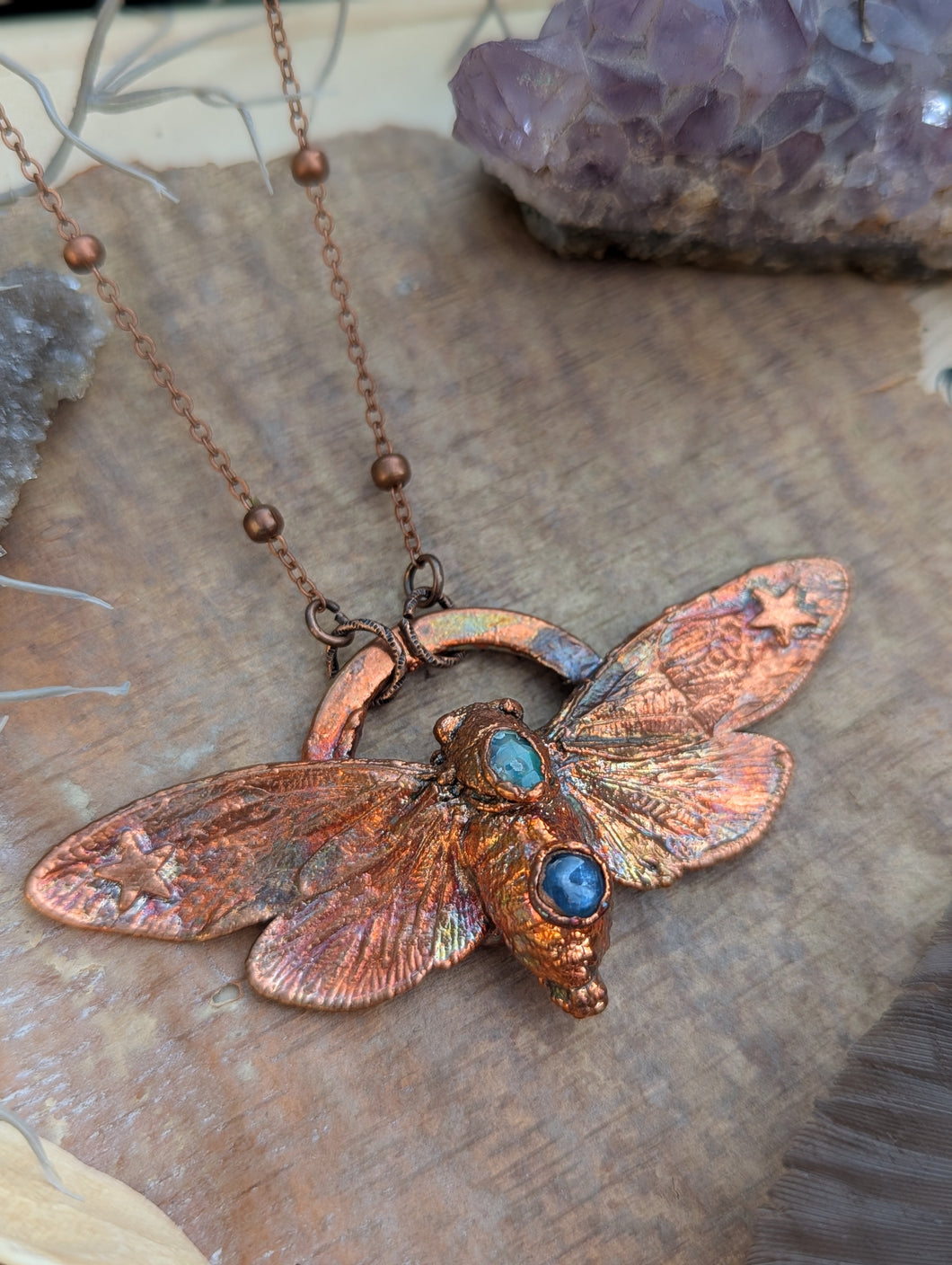Copper Electroformed Cicada with Opal and Blue Kyanite Necklace