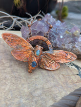 Load image into Gallery viewer, Copper Electroformed Cicada with Opal and Blue Kyanite Necklace