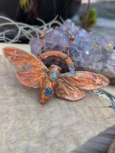 Copper Electroformed Cicada with Opal and Blue Kyanite Necklace