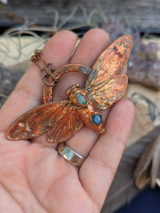 Copper Electroformed Cicada with Opal and Blue Kyanite Necklace