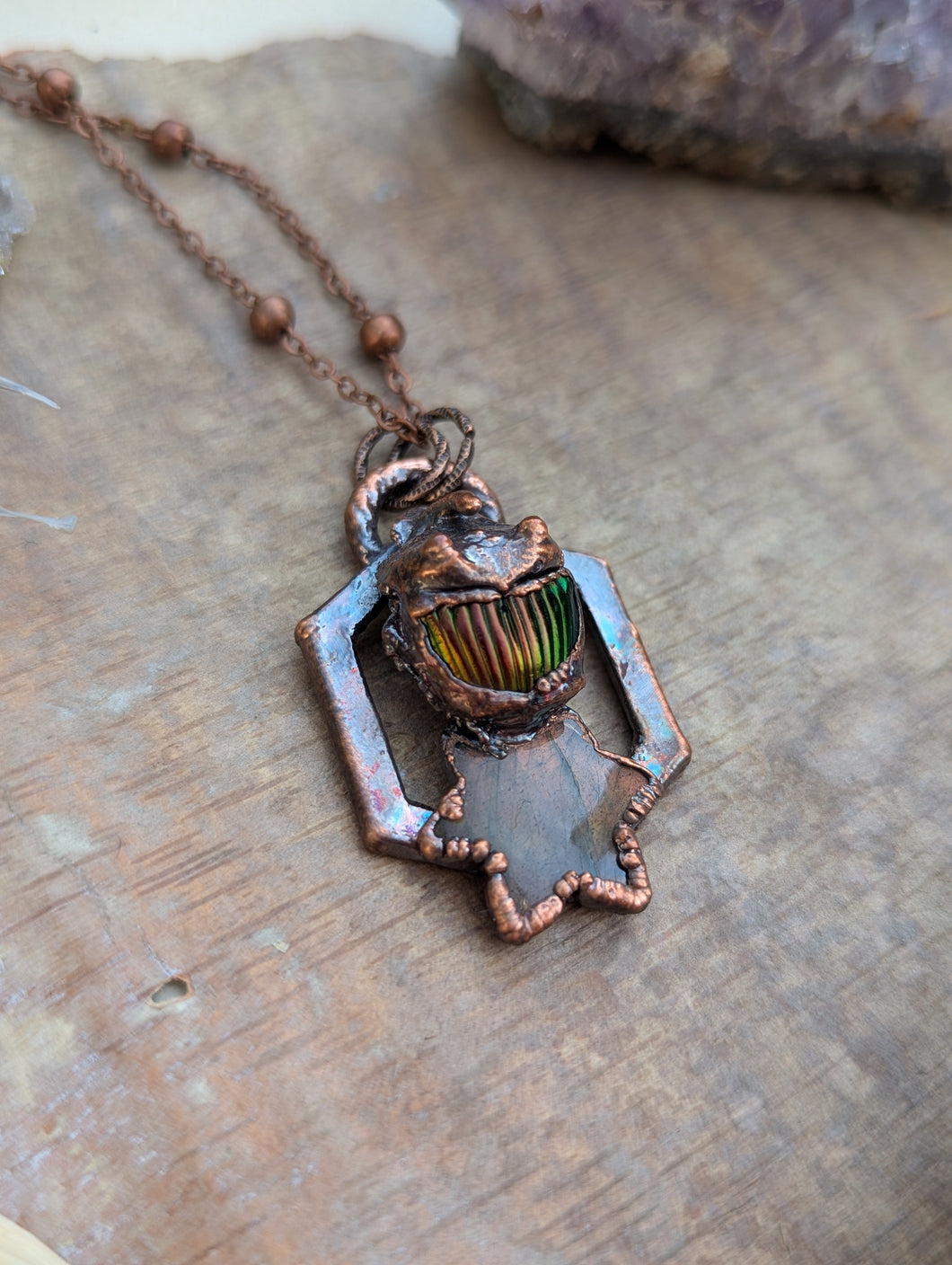 Copper Electroformed Beetle and Labradorite Star Necklace