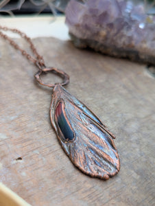 Copper Electroformed Sun Conure Feather Necklace