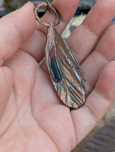 Copper Electroformed Sun Conure Feather Necklace