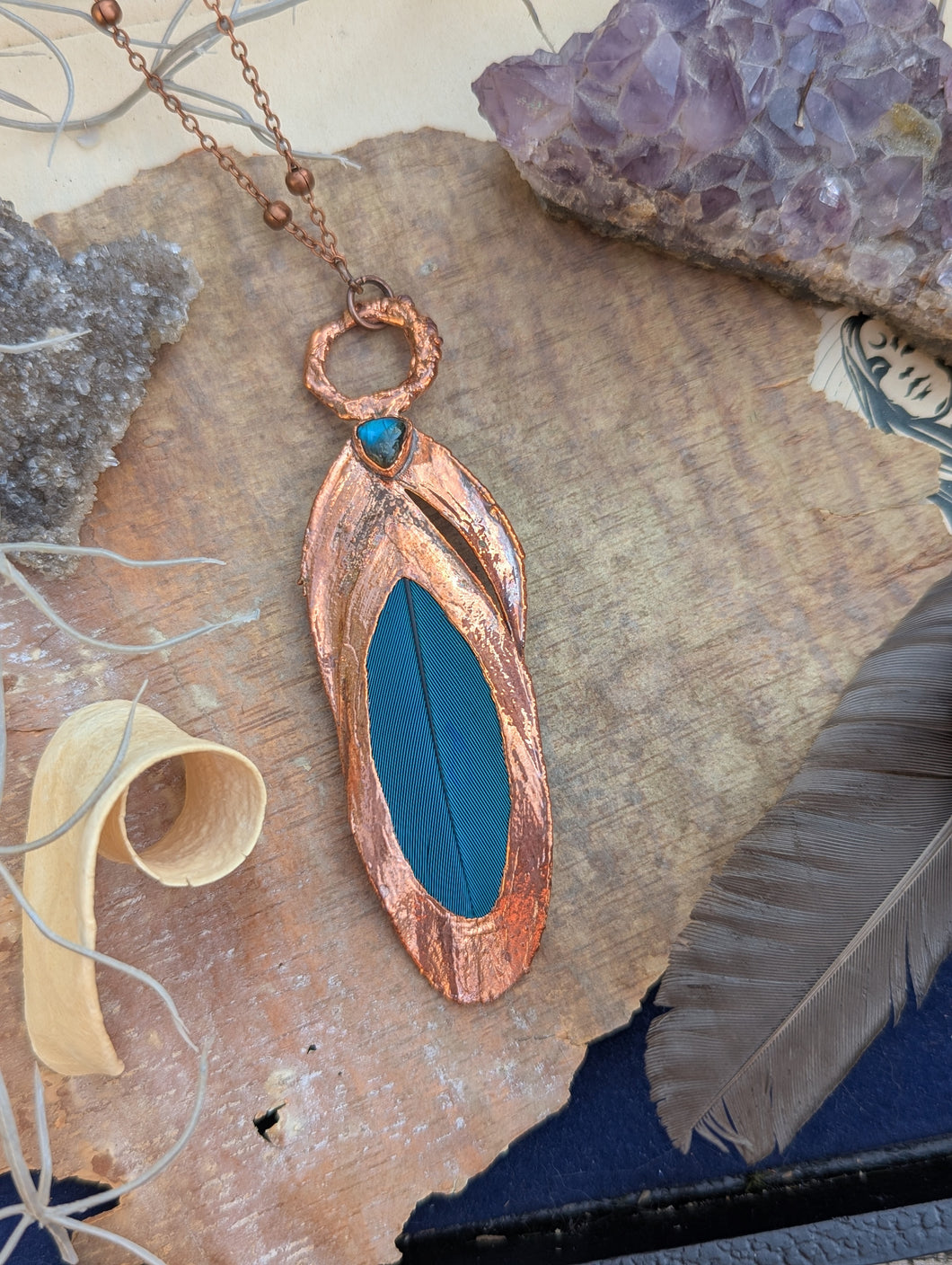 Copper Electroformed Blue Macaw Feather Necklace