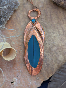 Copper Electroformed Blue Macaw Feather Necklace